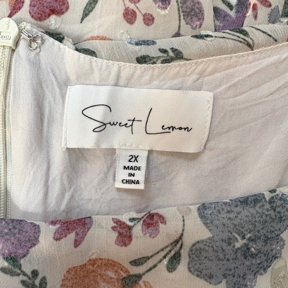 Sweet Lemon Floral Swiss Dot Babydoll Mini Dress w/ Pockets 2X Cottagecore - Picture 8 of 11